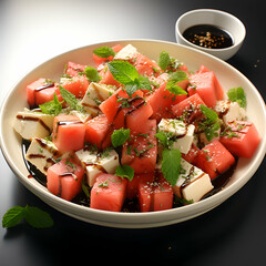 Wall Mural - watermelon salad with feta cheese and mint on a black background