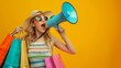 © YURIMA - A woman is energetically shouting into a megaphone while carrying shopping bags. She appears excited and stylish, sporting a colorful hat and sunglasses, against a vibrant yellow background