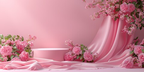 Wall Mural - background pink cloth podium display. Nature rose flower blossom. Feminine summer and spring pastel pedestal showcase frame for beauty product, cosmetic promotion. Abstract garden mockup illustration