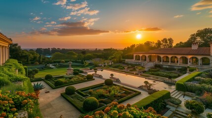 Wall Mural - A sprawling estate with manicured gardens and a sparkling infinity pool, the setting sun casting a golden hue over the elegant architecture.