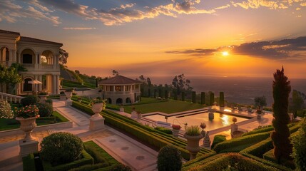 Wall Mural - A sprawling estate with manicured gardens and a sparkling infinity pool, the setting sun casting a golden hue over the elegant architecture.