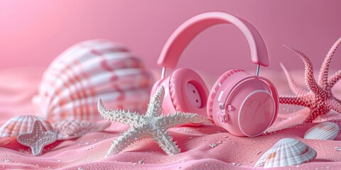 Mock up of pink summer beach concept. Summer accessories, headphone, sunglasses, starfish, shell, inflatable ball and flip-flop on pink background. illustration