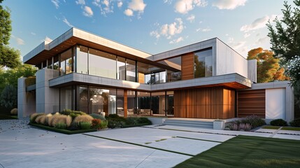 Wall Mural - A striking contemporary residence with a mix of materials like concrete, wood, and glass, exuding elegance and sophistication against the backdrop of a serene suburban landscape.