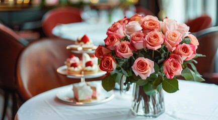 Wall Mural - Abeautiful bouquet of roses in a cafe near a delicious dessert and cakes.