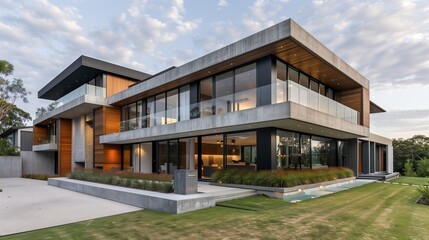 Wall Mural - A striking contemporary residence with a mix of materials like concrete, wood, and glass, exuding elegance and sophistication against the backdrop of a serene suburban landscape.