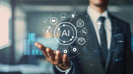 Poster - In a modern office, a businessman introduces the concept of Artificial Intelligence, demonstrating business solutions, technology, innovation, and networking to build a futuristic hightech setting