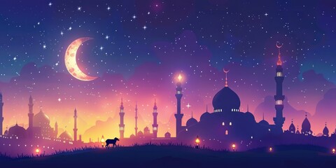 Symbolic Eid al Adha artwork with lamb, oil lamp, star, and crescent motifs