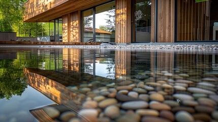 Wall Mural - A tranquil pond reflecting the image of a modern wooden house, the water so clear that you can see the pebbles at the bottom.