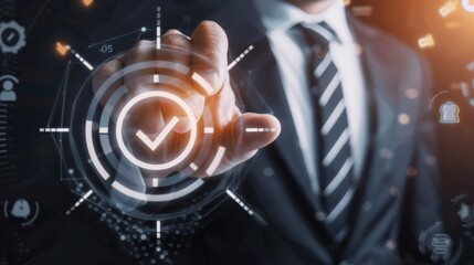 Poster - In a modern business setting, a businessman utilizes a digital interface to choose a checkmark, representing technology, innovation, and decisionmaking in a futuristic professional environment