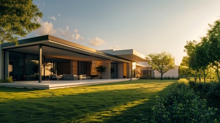 Wall Mural - An elegant residence with a minimalist design and a lush green lawn, the midday sun illuminating its clean lines and creating a harmonious balance of modernity and nature.