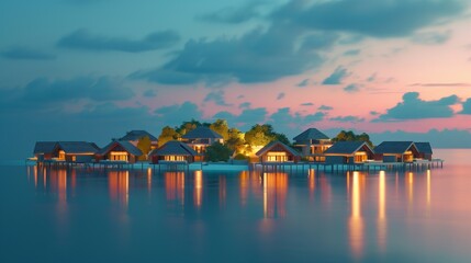 Wall Mural - An exclusive island resort, its bungalows and overwater villas illuminated by soft, golden light against the backdrop of a pastel-colored sky.