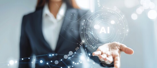 Poster - A businesswoman is presenting a futuristic AI technology concept with an advanced interface, showcasing innovation in the tech industry. She exhibits a professional demeanor in formal attire