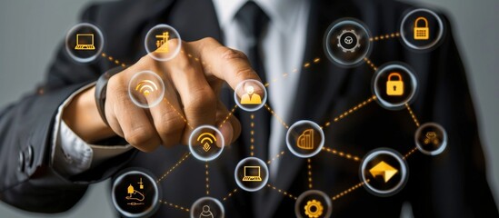 Poster - A businessman is using a digital interface to explore network and security solutions. The interaction includes technology, internet connectivity, cybersecurity, and business solutions