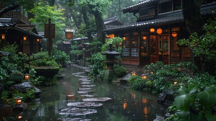 Wall Mural - A quaint tea house in Kanazawa, surrounded by lush greenery and drizzling rain