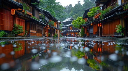 Wall Mural - Traditional wooden houses of Kyoto in the rain, with reflections in puddles