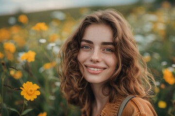 portrait of a smiling young woman with freckles and curly hair standing in a field of yellow flowers