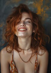 Poster - Portrait of a happy young woman with red curly hair and freckles