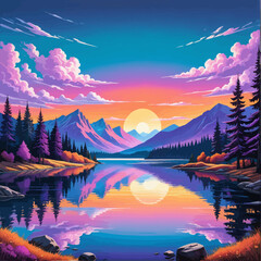 Wall Mural - a painting of a mountain lake at sunset