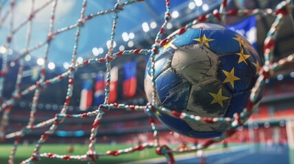 Wall Mural - European Football Frenzy - Soccer ball with European flags in the goal net at a football stadium during the championship.