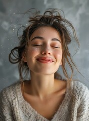 Wall Mural - Close Up Portrait of Young Woman Smiling with Closed Eyes and Glittering on Her Face