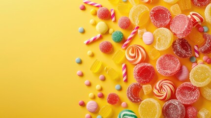 Sticker - Candy Sweet Jelly Lolly and Delicious Sugar Dessert, beautiful candies  on yellow background with copy space, Many desserts and lollipops are on color background, Food for children
