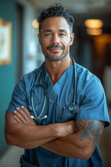 Wall Mural - Confident doctor in hospital office, wearing uniform and stethoscope, exudes professionalism and warmth