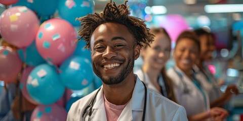 Cheerful doctors celebrate with colleagues at hospital event, enjoying cake, balloons, and joyful camaraderie