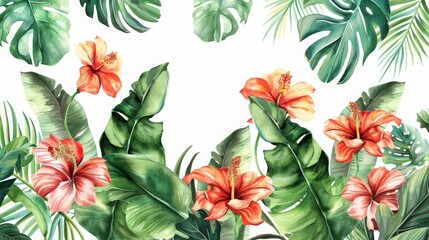 Wall Mural - Watercolor of tropical spring floral green leaves and flowers, white background, copy and text space, 16:9