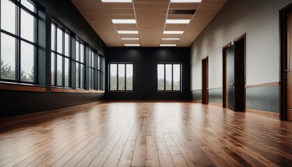 A large, empty modern dance studio with polished wooden floors, surrounded by large windows letting in natural light.. AI Generation