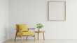 © woojooo - Frame mockup. Home interior with light yellow chair and mini table, wall poster frame. 3D render
