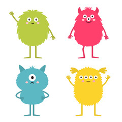 Wall Mural - Cute monster set. Happy Halloween. Colorful silhouette monsters. Different faces. Eyes teeth, horns, hands. Kawaii cartoon funny boo character. Childish style. Flat design. White background. Vector