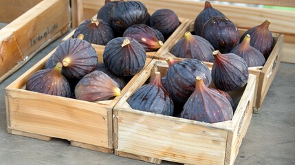 Wall Mural - Ripe figs in wooden crates at mediterranean market with traditional architecture, fruit display