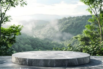 Wall Mural - A stone podium above a tropical forest. Product photography, weddings and events. Misty landscape.