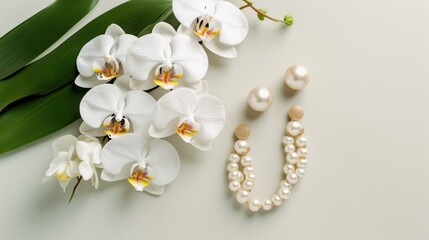 Sticker - beautiful white orchid flowers and pearl jewelry on a cream colored surface