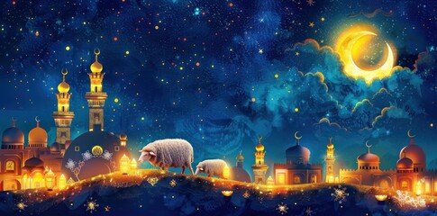 Eid al Adha illustration with sheep, oil lamp, star, and crescent symbols on a decorative background