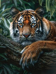 Wall Mural - Tiger on a tree in the green jungle of central India