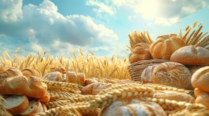 Wheat field with wheat bread and pastries in the foreground