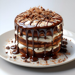 Wall Mural - Cake with chocolate glaze and whipped cream on a white plate