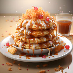 Wall Mural - A stack of pancakes with caramel sauce and cherry on a white plate