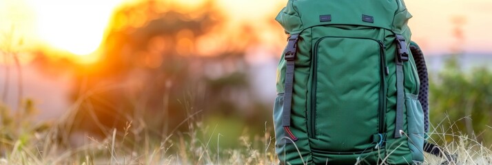 Adventure backpack at cliff s edge   hiking concept inspiring travel enthusiasts