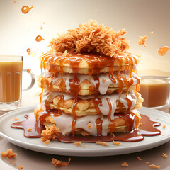 Wall Mural - Stack of pancakes with caramel sauce and coffee. 3d illustration.
