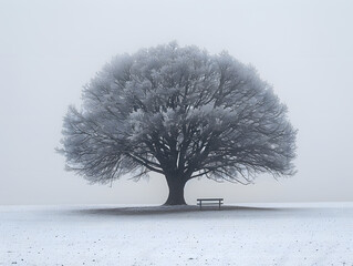 Wall Mural - Minimalist scene of a solitary tree in a snowy field