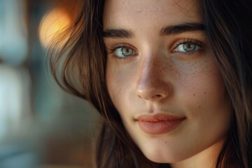 Wall Mural - close-up portrait of a young woman with freckles and brown hair