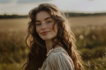 Serene woman in field with flowing hair