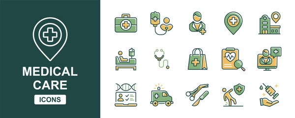 Wall Mural - set of health care medical treatment icon vector collection health diagnosis patient medicine emergency signs illustration for web and app