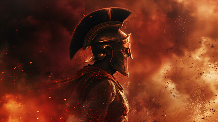 Epic spartan warrior in a fired red background with copy space 