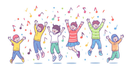 Wall Mural - Happy smiling people dance and celebrate, simple shapes, flat colors, cartoon doodle  illustration isolated on white background