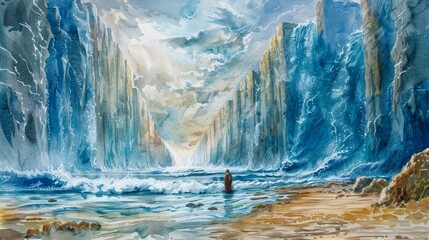 Watercolor Biblical Illustration of Moses Parting the Red Sea with Towering Walls of Water, Perfect for Depictions of Miracles and Faith