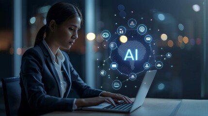Leinwandbilder - A businesswoman is immersed in her AI project at night in a modern office, with a focus on technology and innovation. She relies on her laptop for networking and holographic tasks