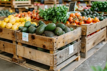 Wall Mural - Ripe avocados in wooden crates with diverse fruits at local market, vibrant produce display